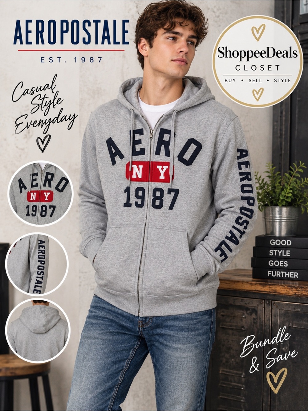 Aeropostale Men’s Gray Full Zip Logo Hoodie Size M